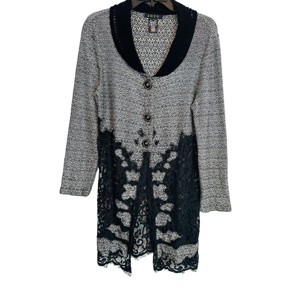 Zozo Medium Black Gray Black Lace Trimmed Knit Cardigan Tweed